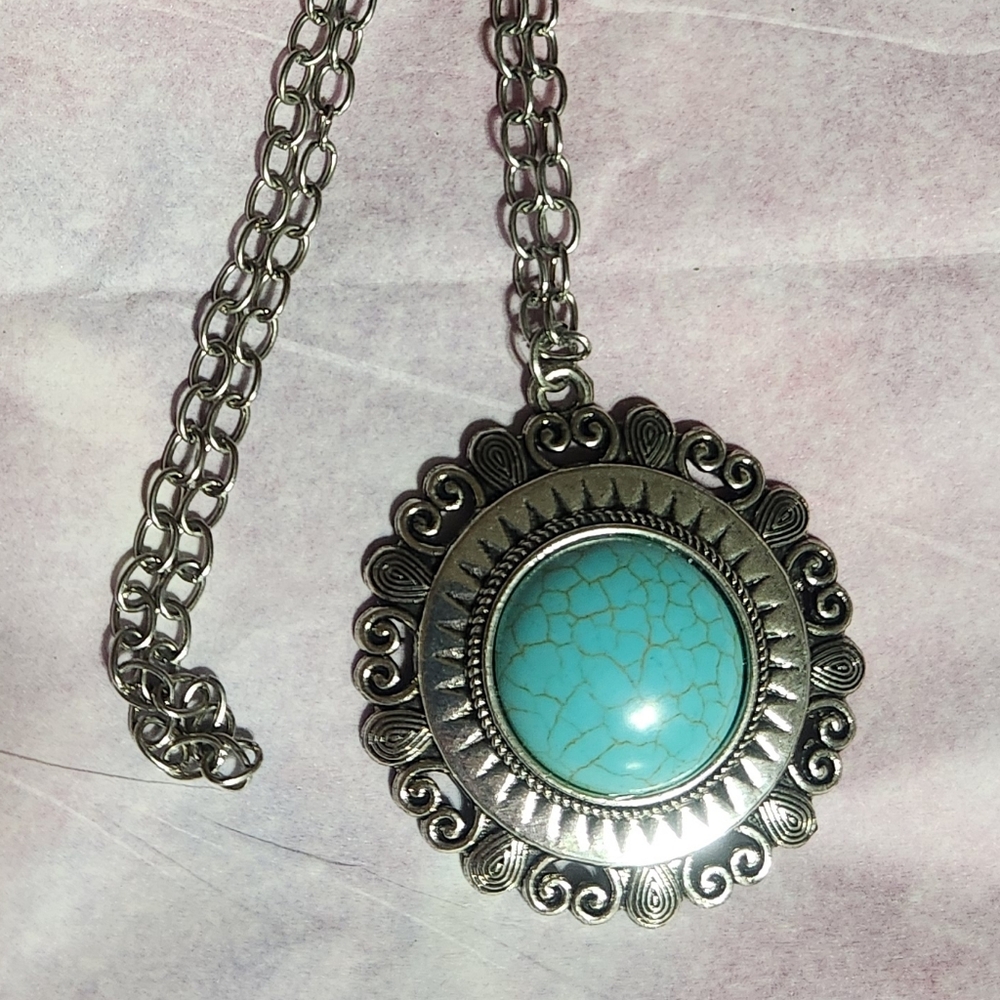 Silver Colored Turquoise Pendant Necklace